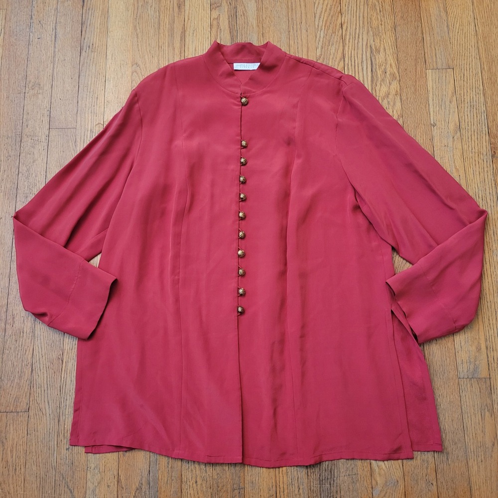 Valerie Stevens 18W Silk Blouse Salmon Ornate Gold Buttons Mandarin Collar Tunic